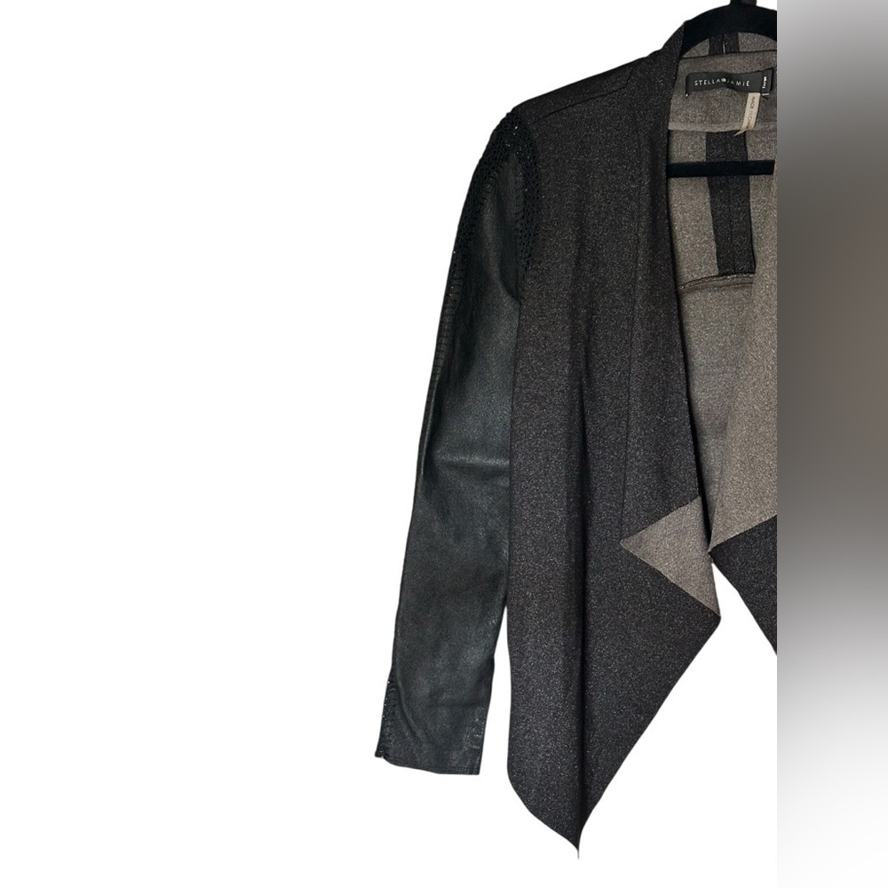 Stella Jamie Jacket Open Asymmetric Hem Crochet Drape Leather Sleeve Size Large - Picture 3 of 6